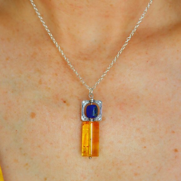 Handmade Amber & Lapis Lazuli Pendant Necklace – 16” Silver Chain - Picture 2 of 5